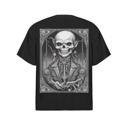 Black t-shirt with a skull and gothic design on a white background