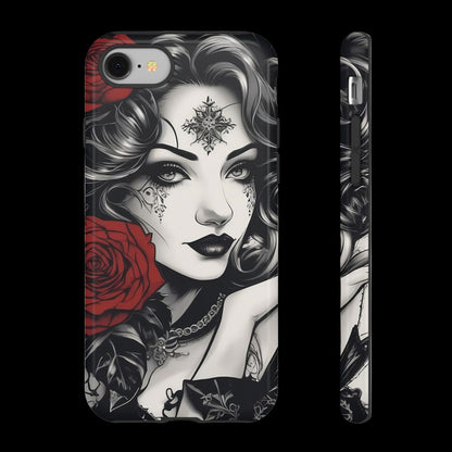 Phone case with a stylized woman's face, red rose, and intricate designs on a white background
