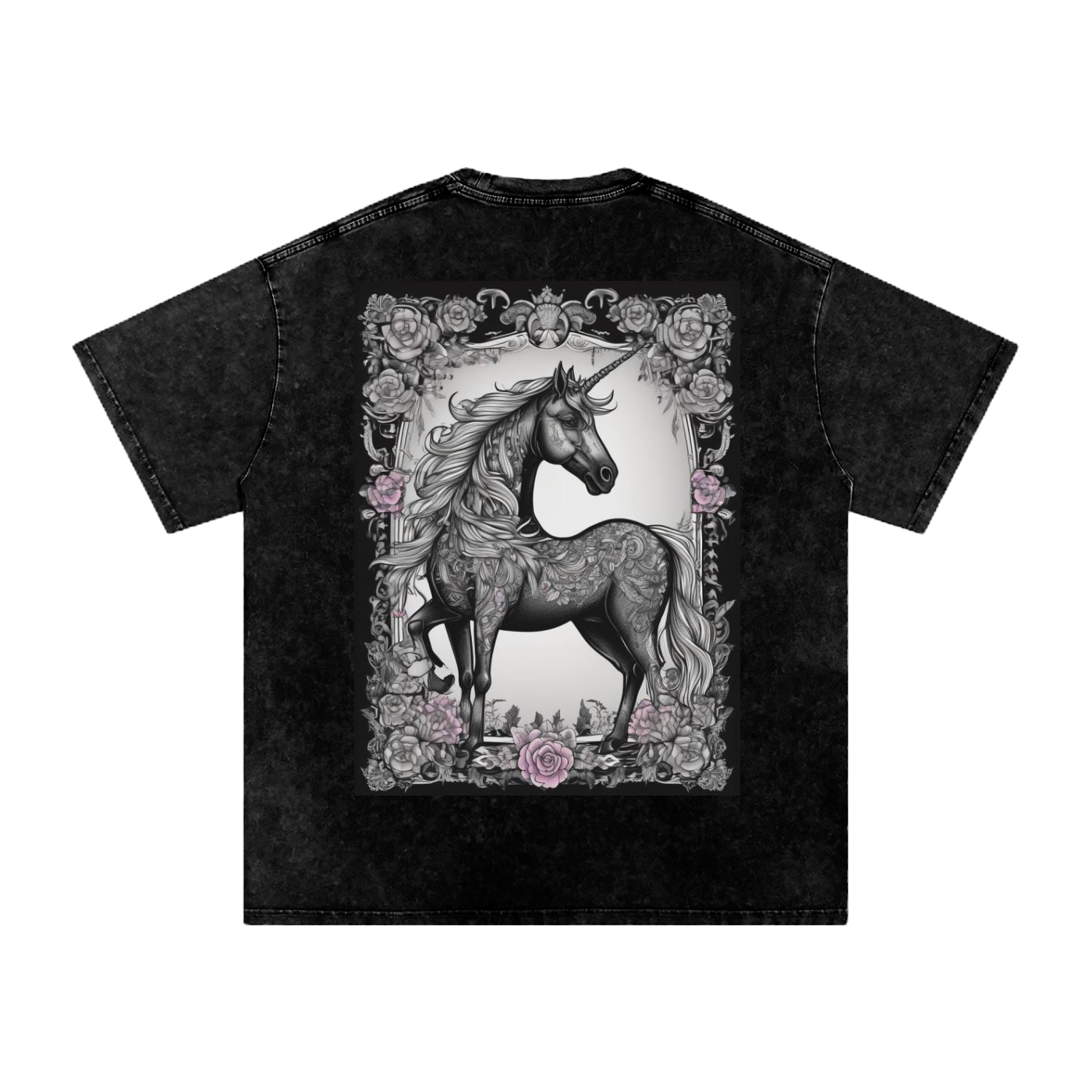Black t-shirt with a unicorn graphic on a white background