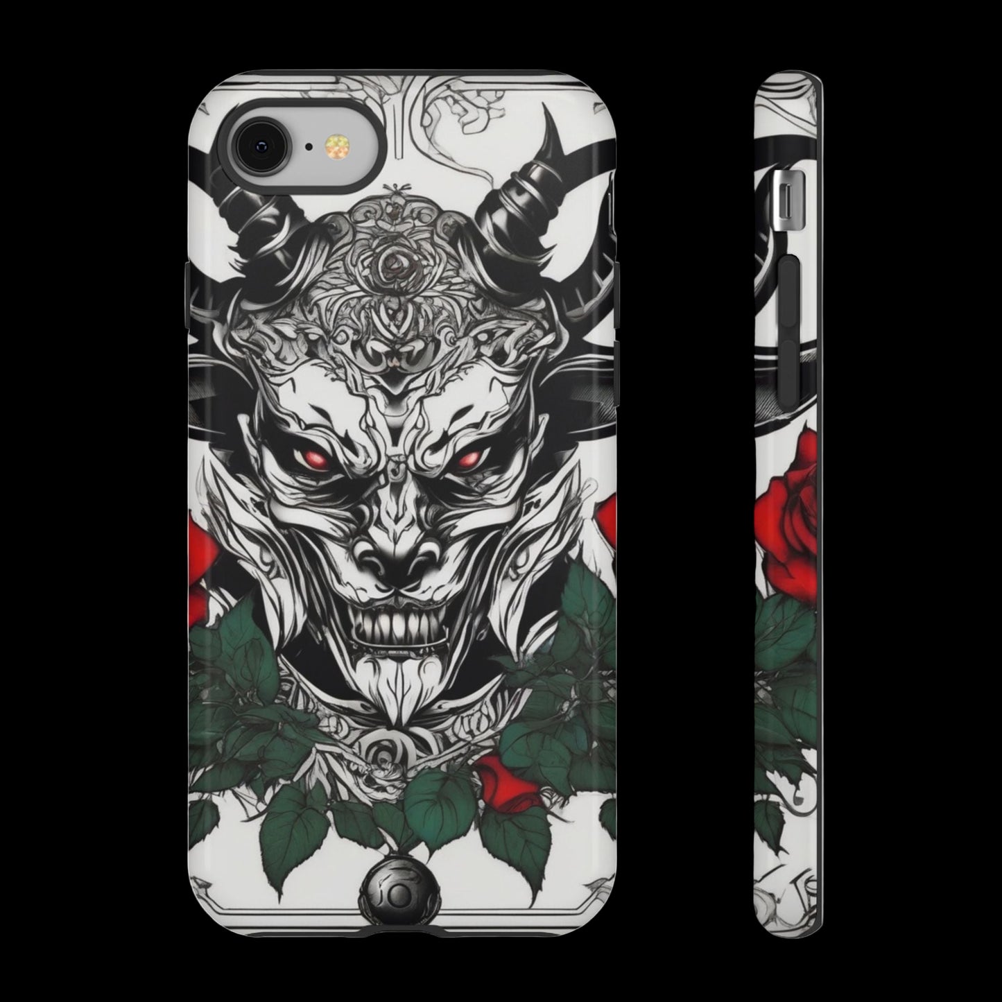 Phone case with a design of a horned creature and roses on a white background