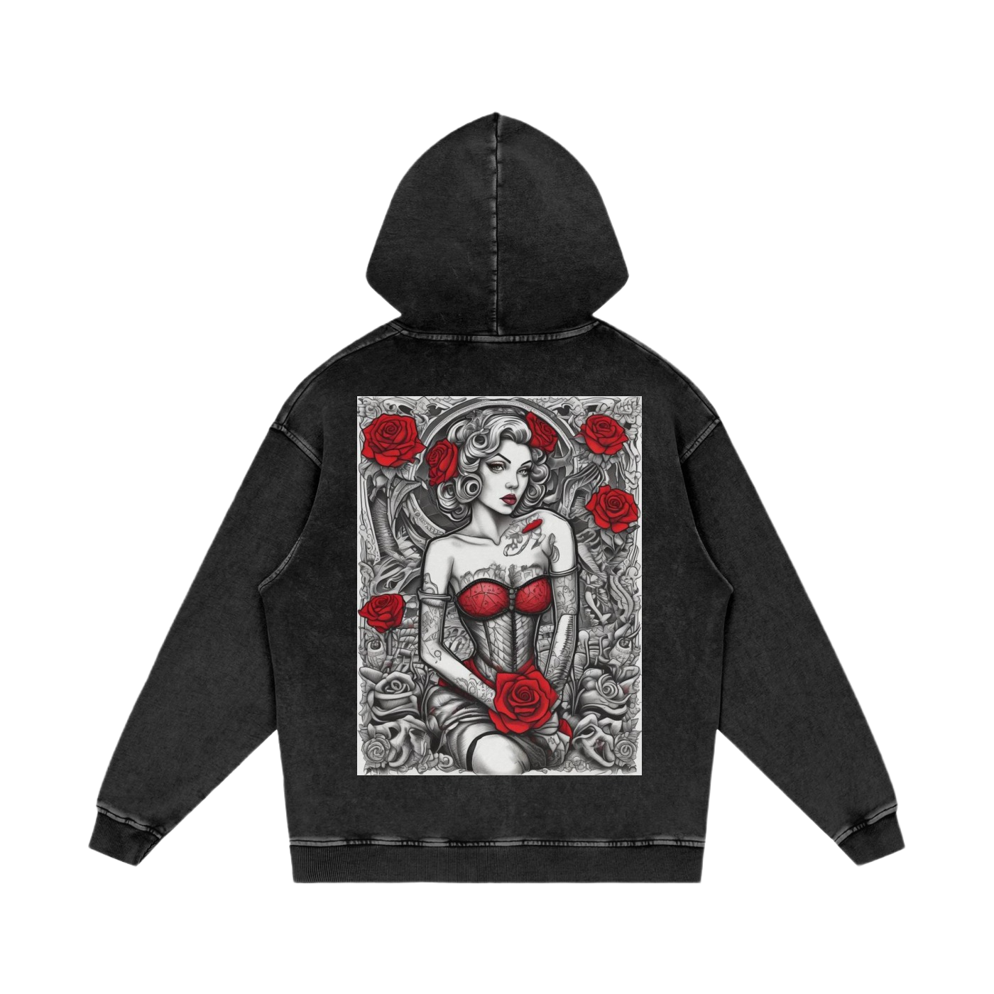 Black hoodie with a graphic design of a woman in a corset and roses on the back, on a white background.