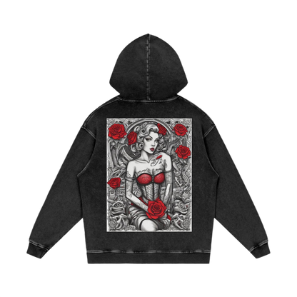 Black hoodie with a graphic design of a woman in a corset and roses on the back, on a white background.