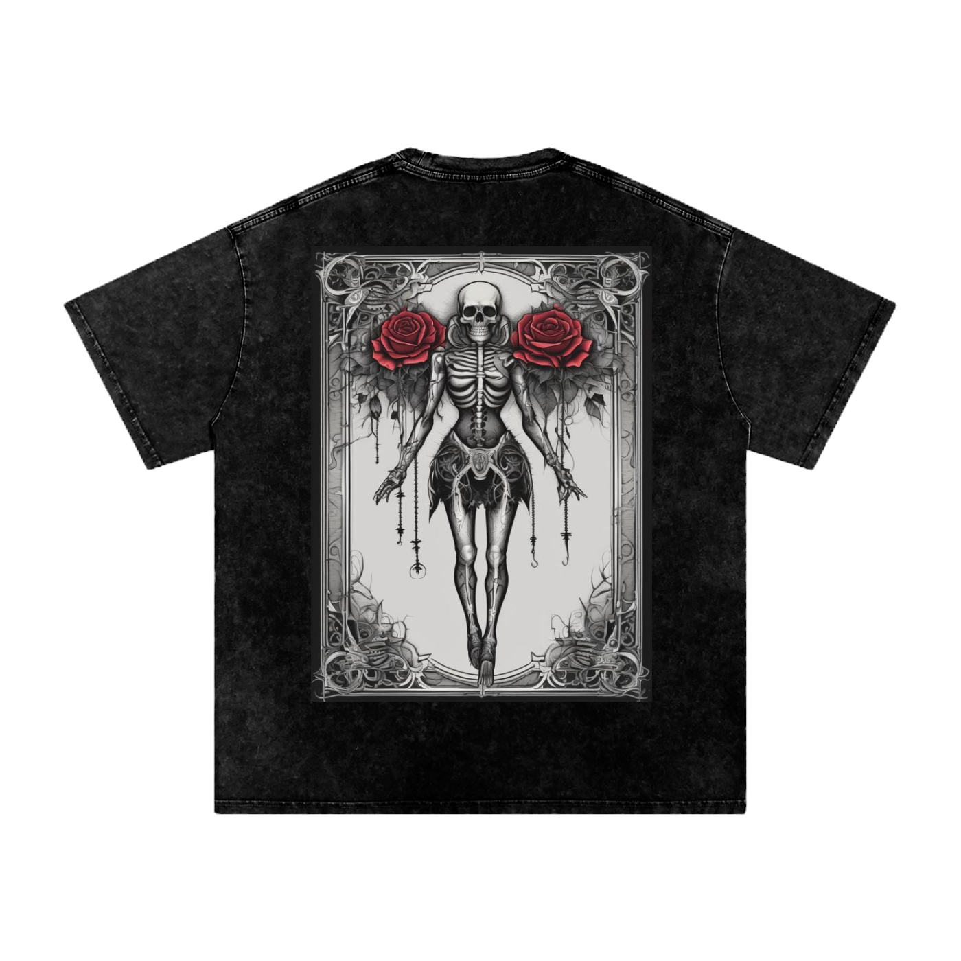 Black t-shirt with a skeleton and roses design on a white background
