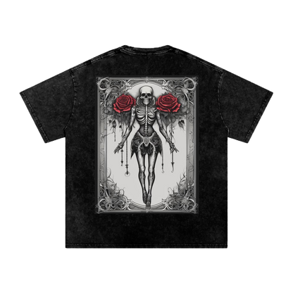 Black t-shirt with a skeleton and roses design on a white background