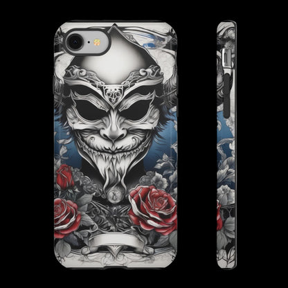 Phone case with a detailed mask design and roses on a blue background