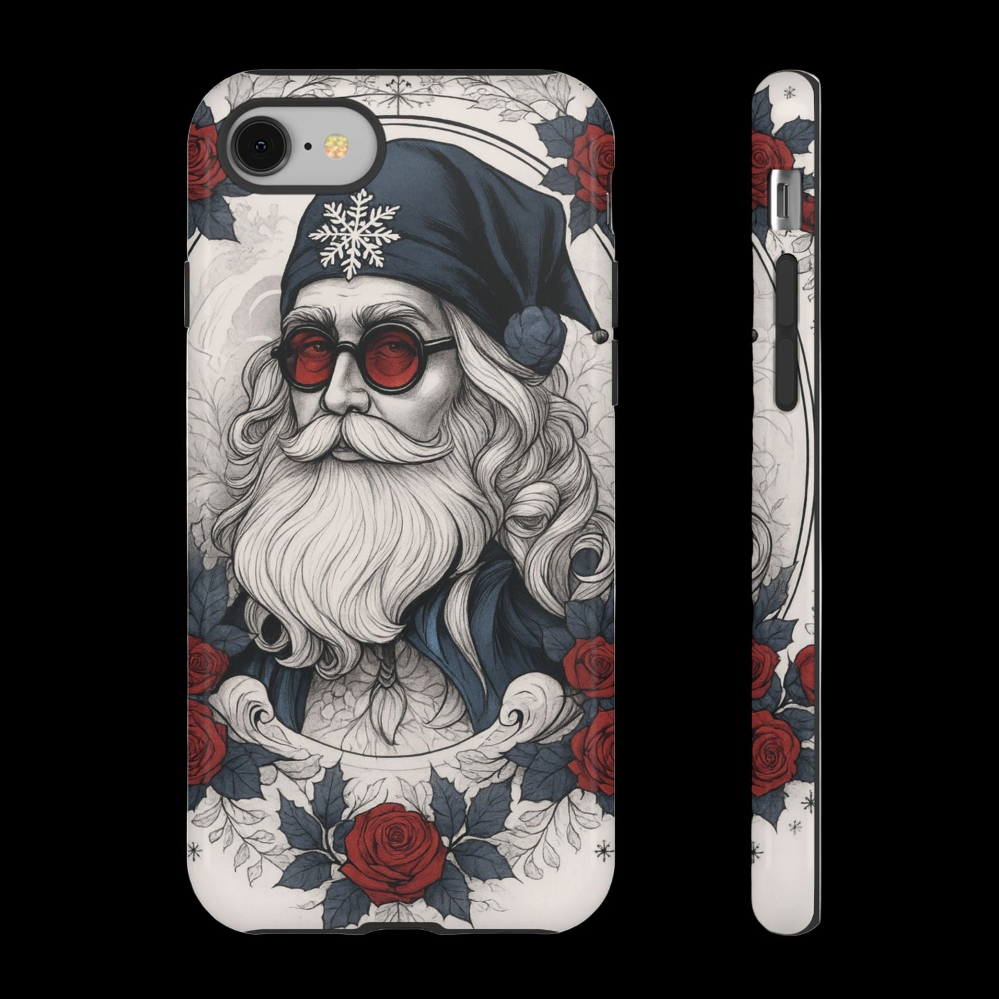 Phone case with a design of a bearded man wearing a hat and glasses, surrounded by flowers on a white background.