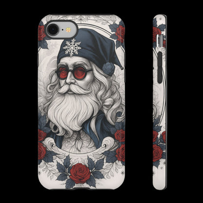 Phone case with a design of a bearded man wearing a hat and glasses, surrounded by flowers on a white background.