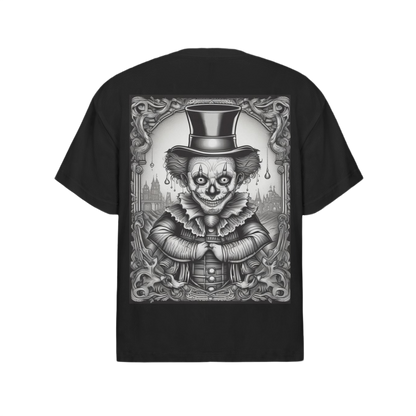 Black t-shirt with a detailed clown graphic on a white background