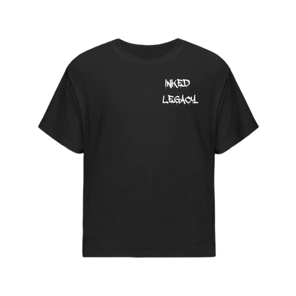 Black t-shirt with 'INKED LEGACY' text on a white background