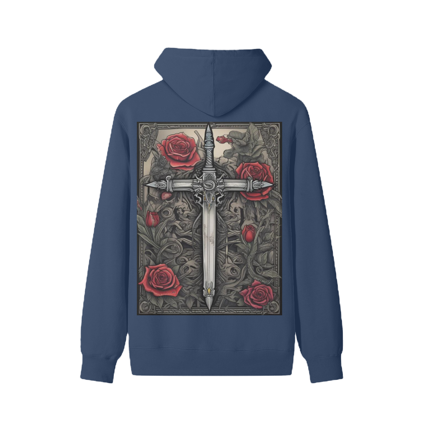 Navy blue hoodie with a sword and rose design on the back against a white background