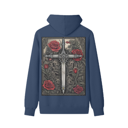 Navy blue hoodie with a sword and rose design on the back against a white background