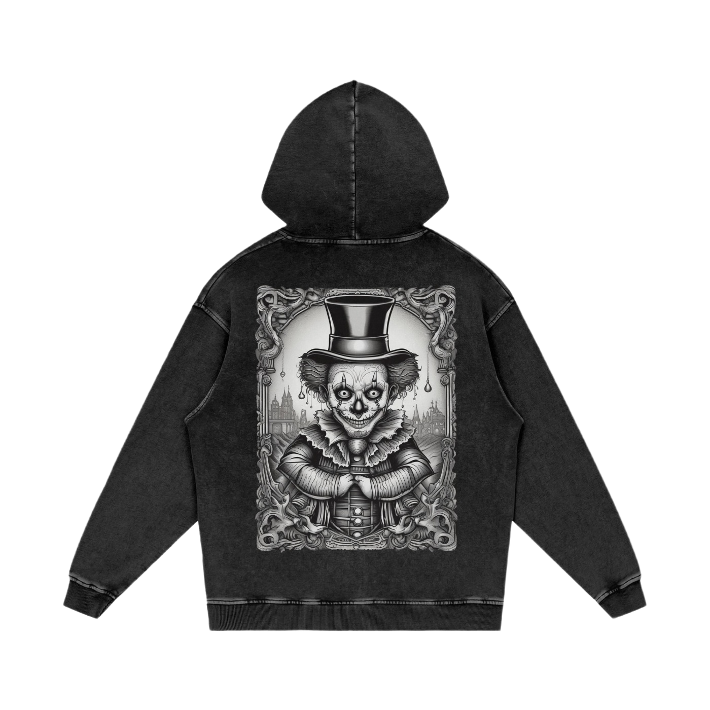 Black hoodie with a detailed clown design on the back against a white background