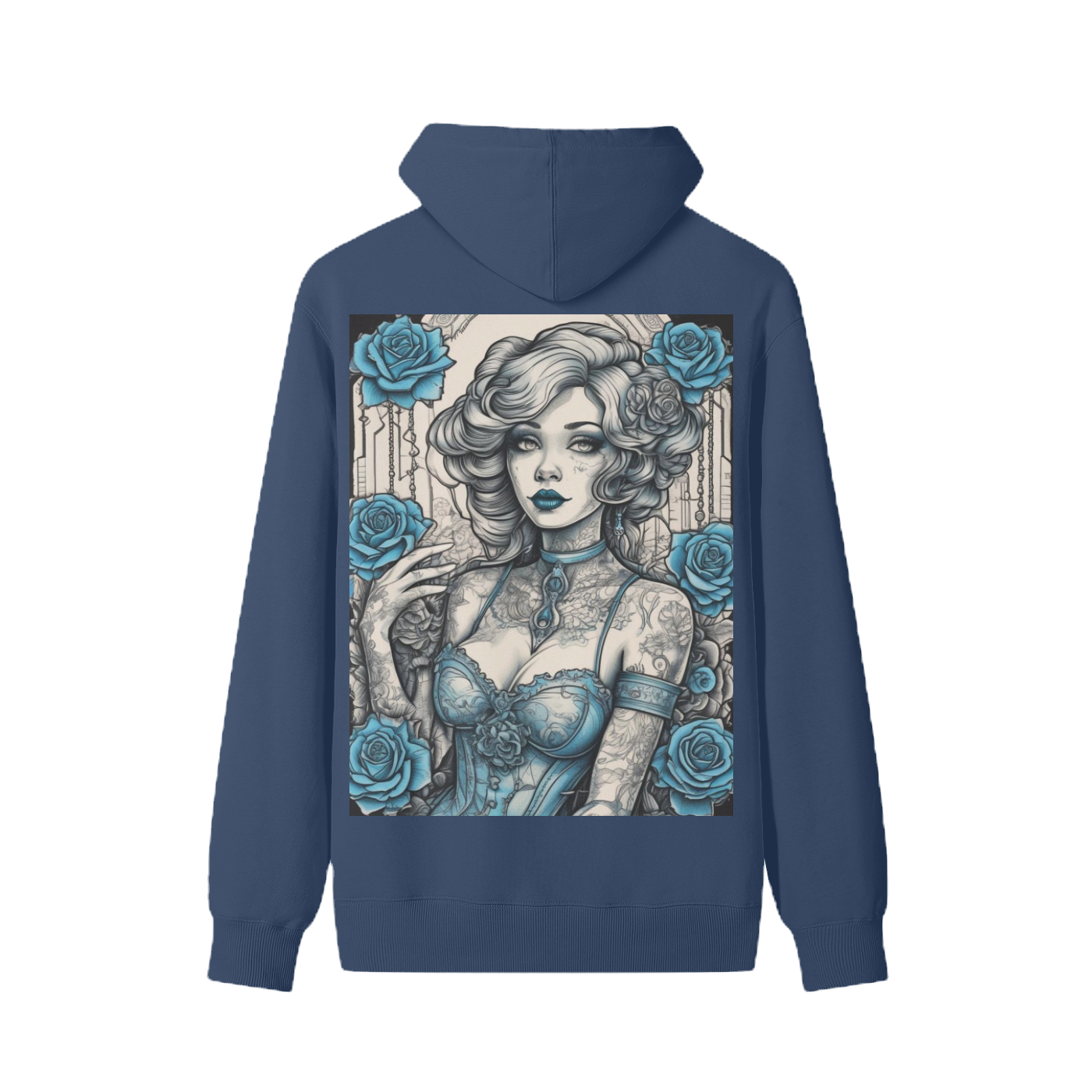 Navy blue hoodie with a graphic design of a woman and roses on the back, on a white background.