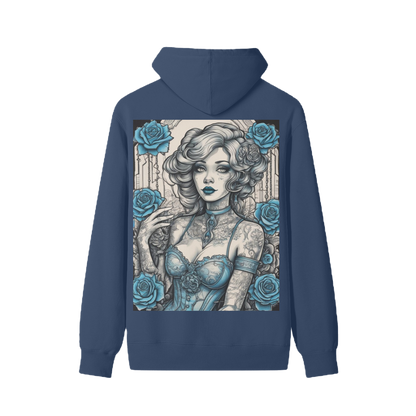 Navy blue hoodie with a graphic design of a woman and roses on the back, on a white background.
