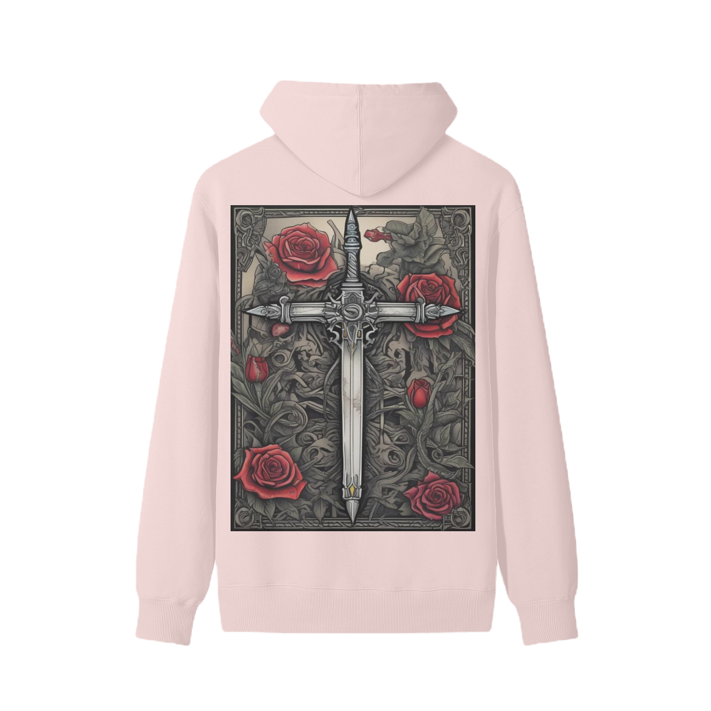 Pink hoodie with a sword and roses design on the back against a white background