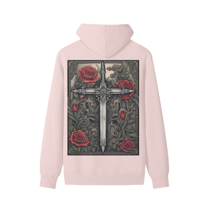 Pink hoodie with a sword and roses design on the back against a white background