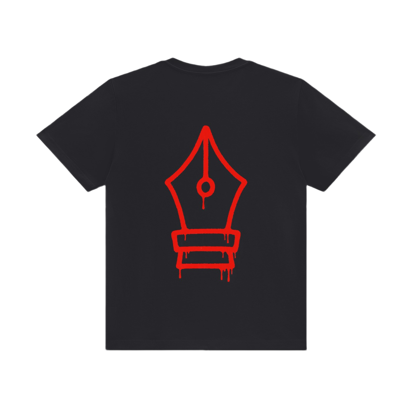 Black t-shirt with a red inkwell design on the back against a white background
