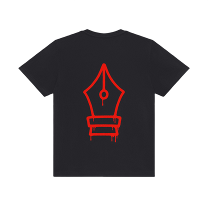 Black t-shirt with a red inkwell design on the back against a white background
