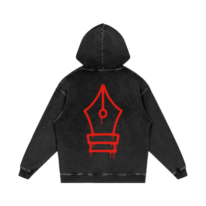 Black hoodie with a red graphic on the back against a white background